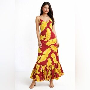 Vintage Hawaiian Aloha Hibiscus Red Yellow Floral Ruffle Maxi Dress Size S